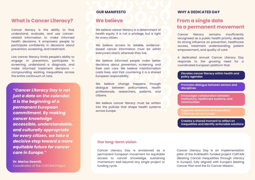 Cancer Literacy Day flyer, inner panels: what cancer literacy is, the manifesto, and why a dedicated day is needed